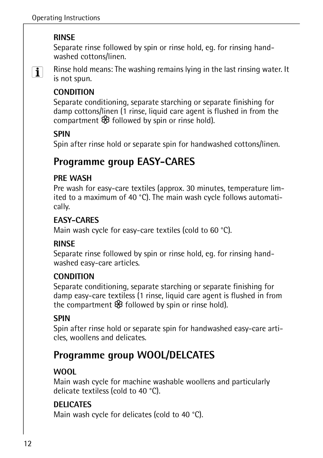 AEG W 1230 manual Programme group EASY-CARES, Programme group WOOL/DELCATES 