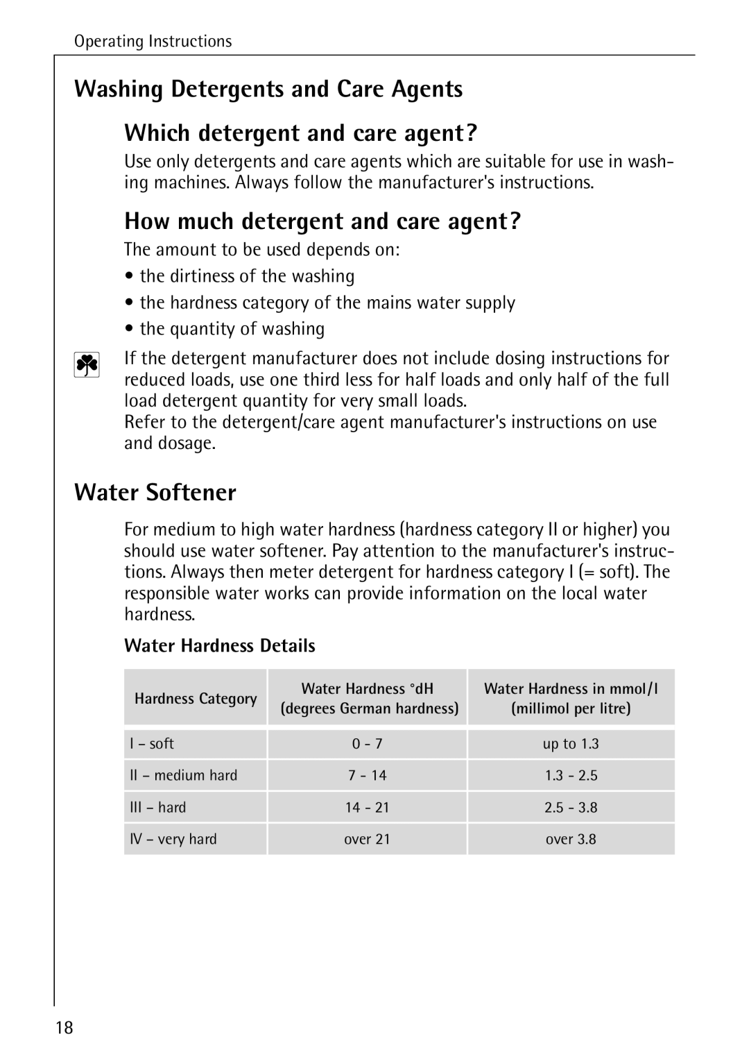 AEG W 1230 manual How much detergent and care agent?, Water Softener, Water Hardness Details, Water Hardness dH 