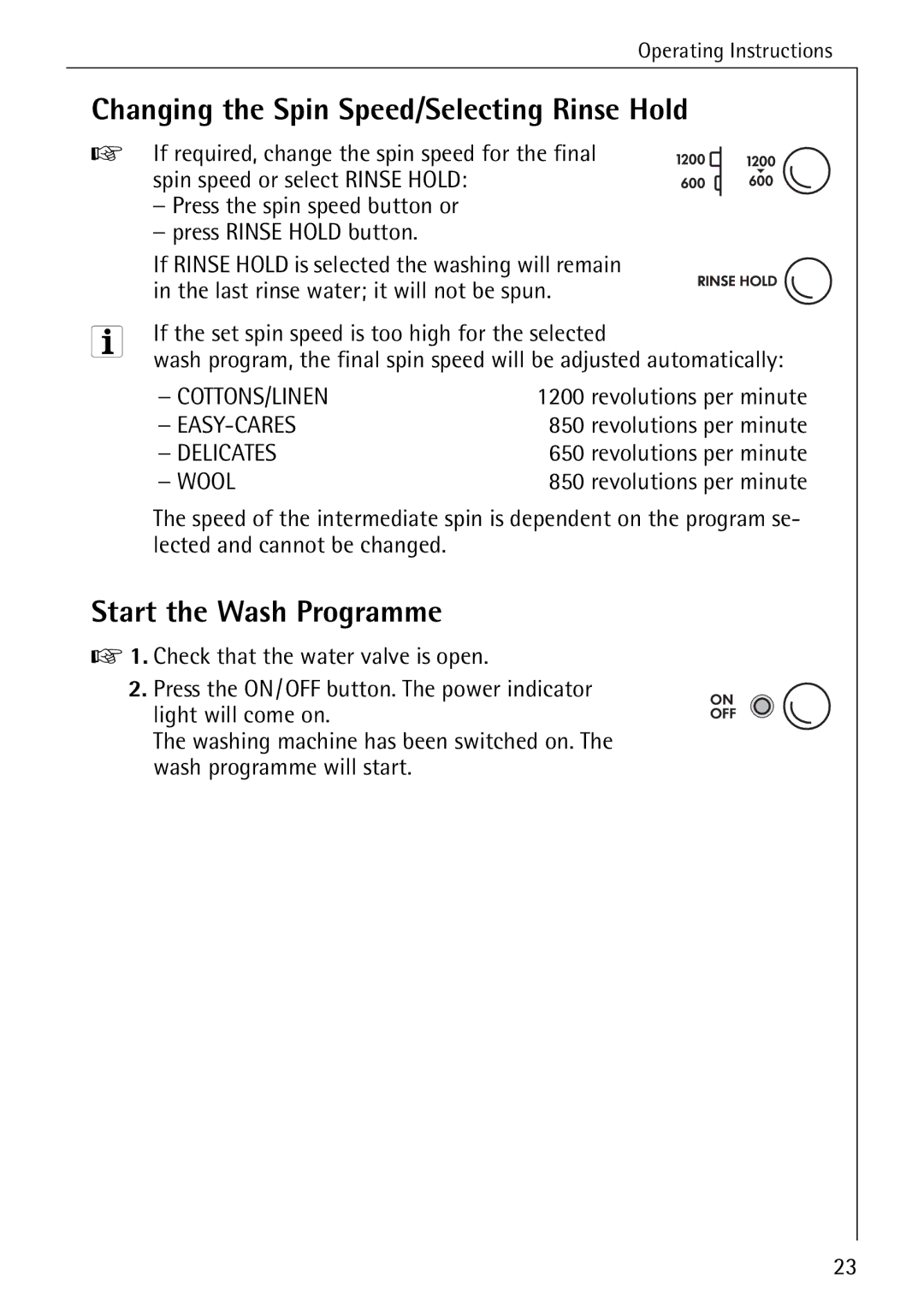 AEG W 1230 manual Changing the Spin Speed/Selecting Rinse Hold, Start the Wash Programme 