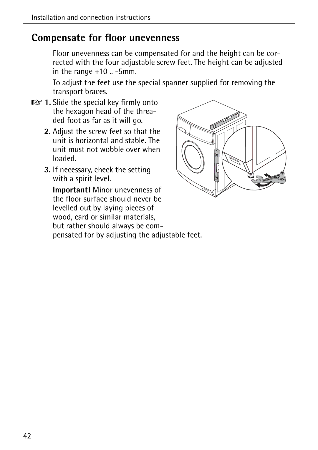 AEG W 1230 manual Compensate for floor unevenness 