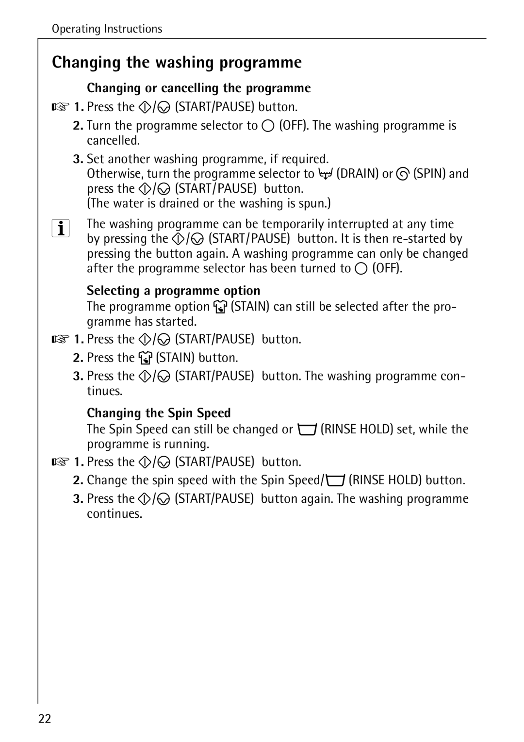 AEG W 1255 manual Changing the washing programme, Changing or cancelling the programme, Selecting a programme option 