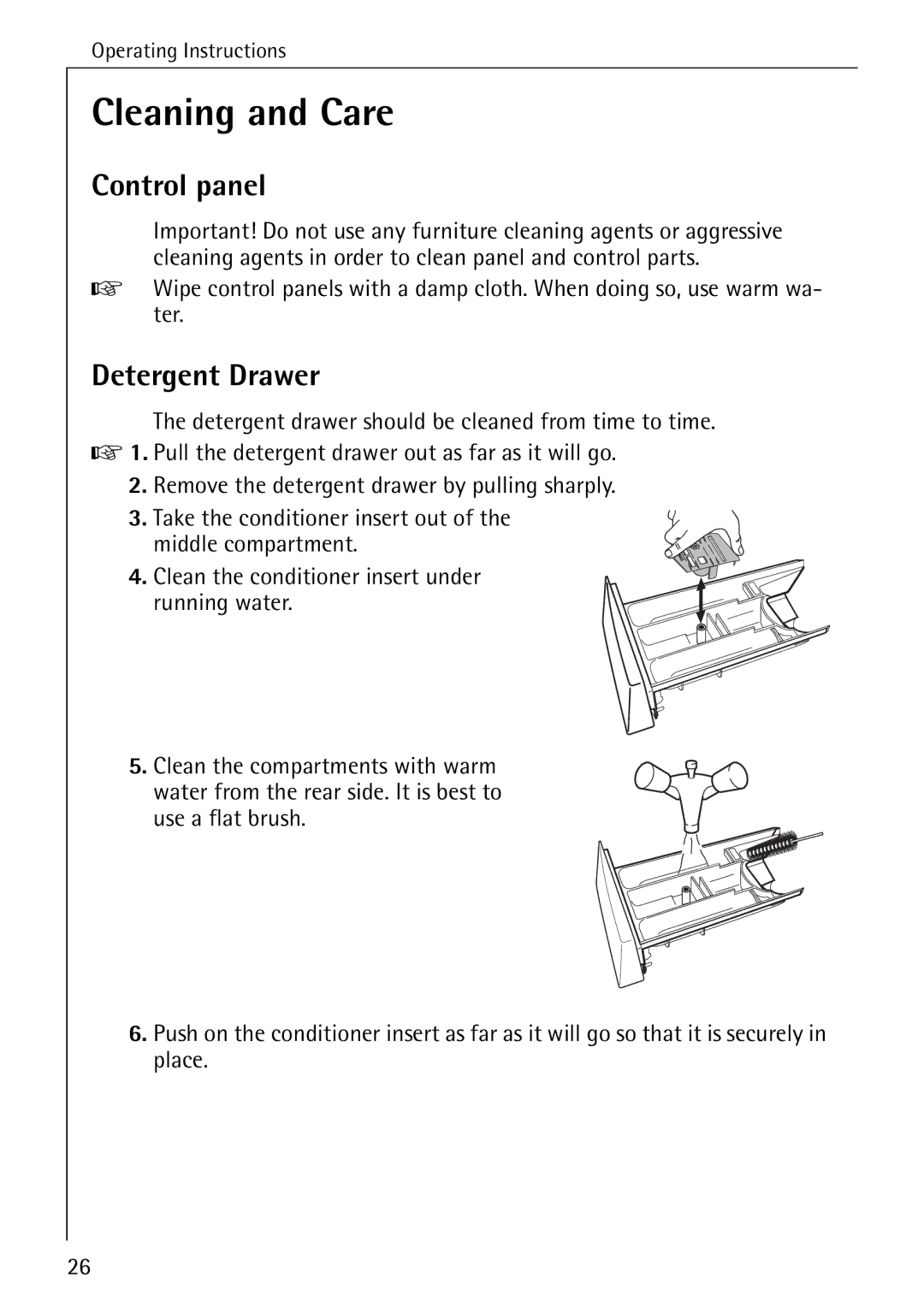 AEG W 1255 manual Cleaning and Care, Detergent Drawer 