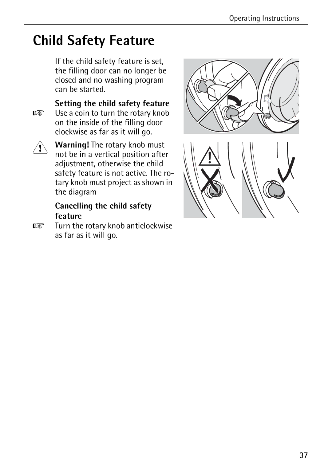 AEG W 1255 manual Child Safety Feature, Cancelling the child safety feature, Setting the child safety feature 