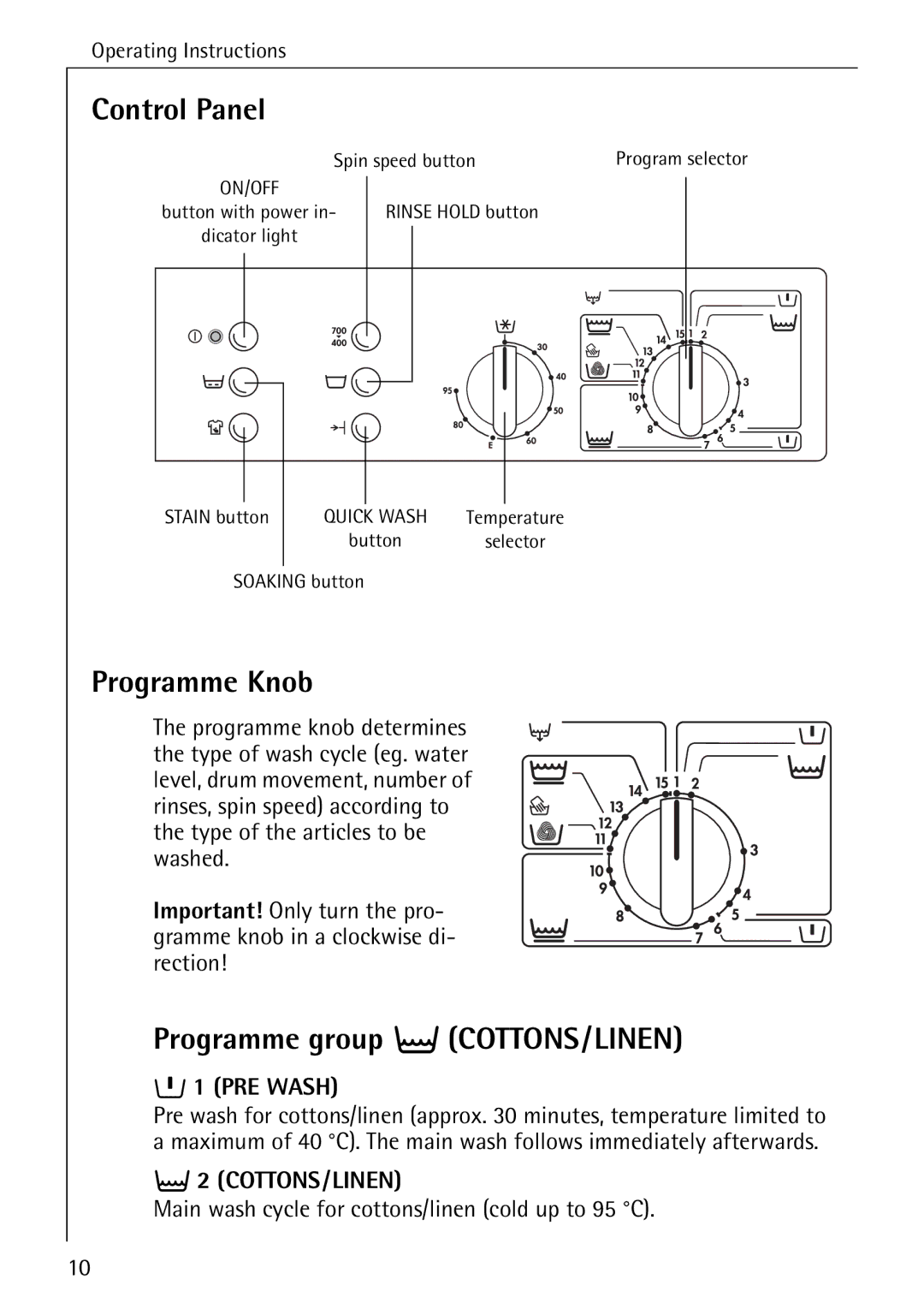 AEG W 730 manual Control Panel, Programme Knob, Programme group t COTTONS/LINEN, PRE Wash, Cottons/Linen 