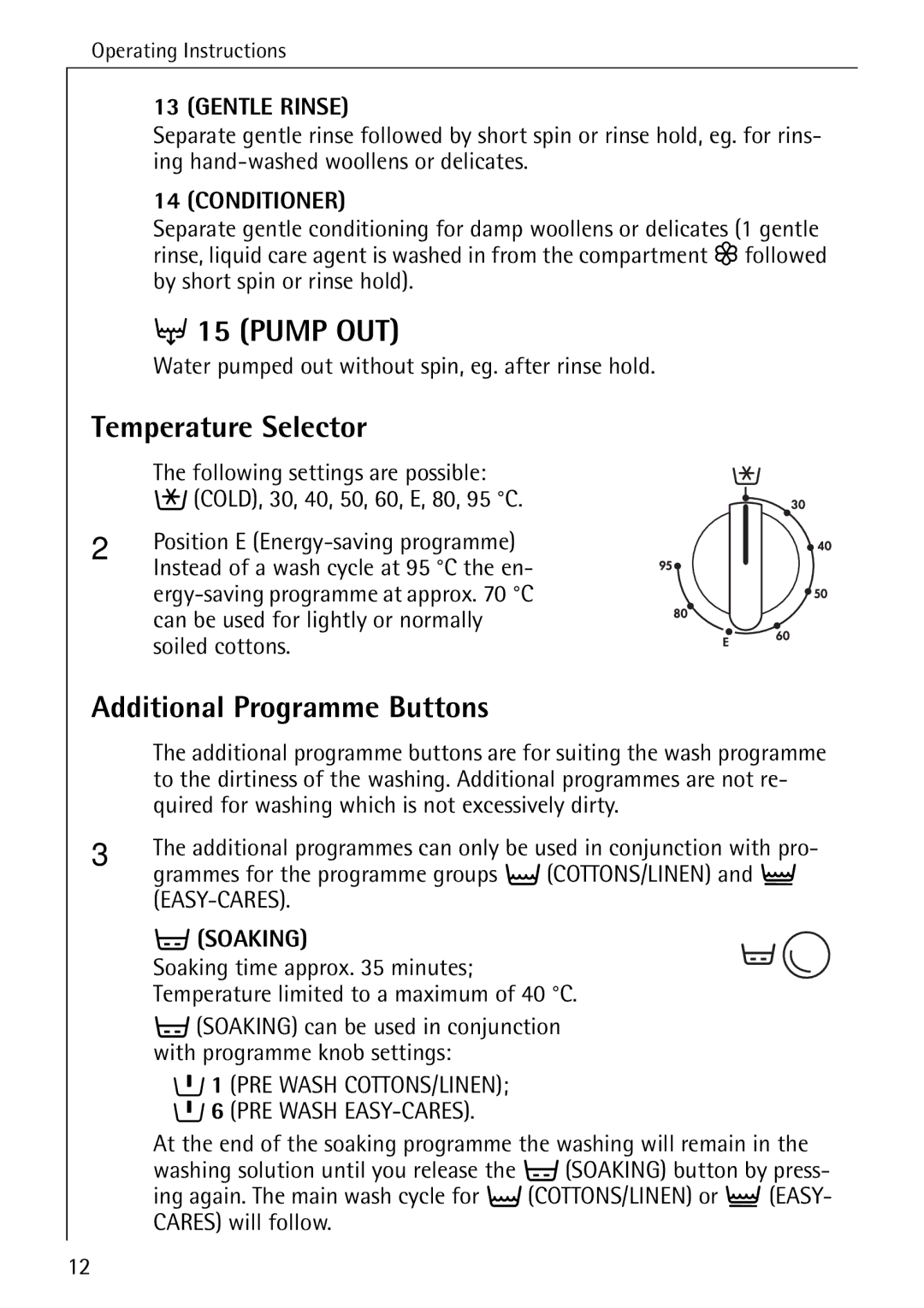 AEG W 730 manual Pump OUT, Temperature Selector, Additional Programme Buttons, Soaking 