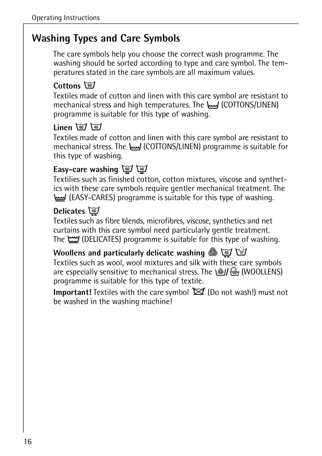 AEG W 730 manual Washing Types and Care Symbols 