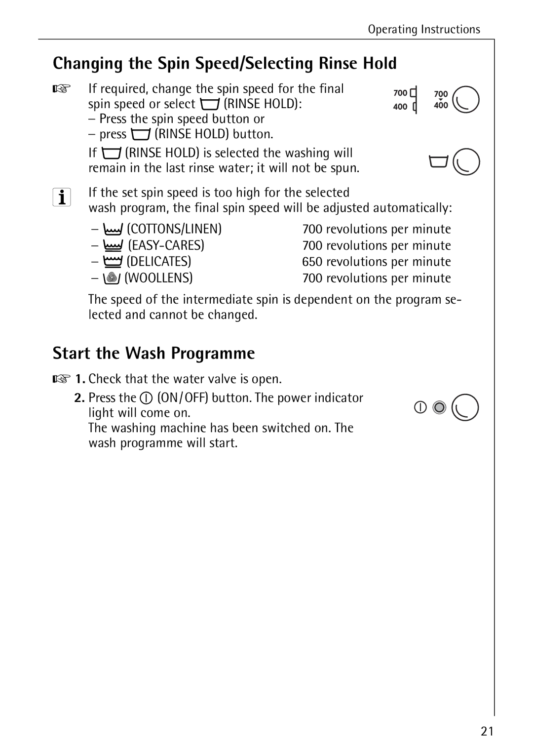 AEG W 730 manual Changing the Spin Speed/Selecting Rinse Hold, Start the Wash Programme 