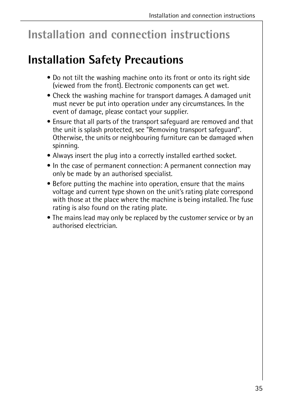 AEG W 730 manual Installation and connection instructions, Installation Safety Precautions 