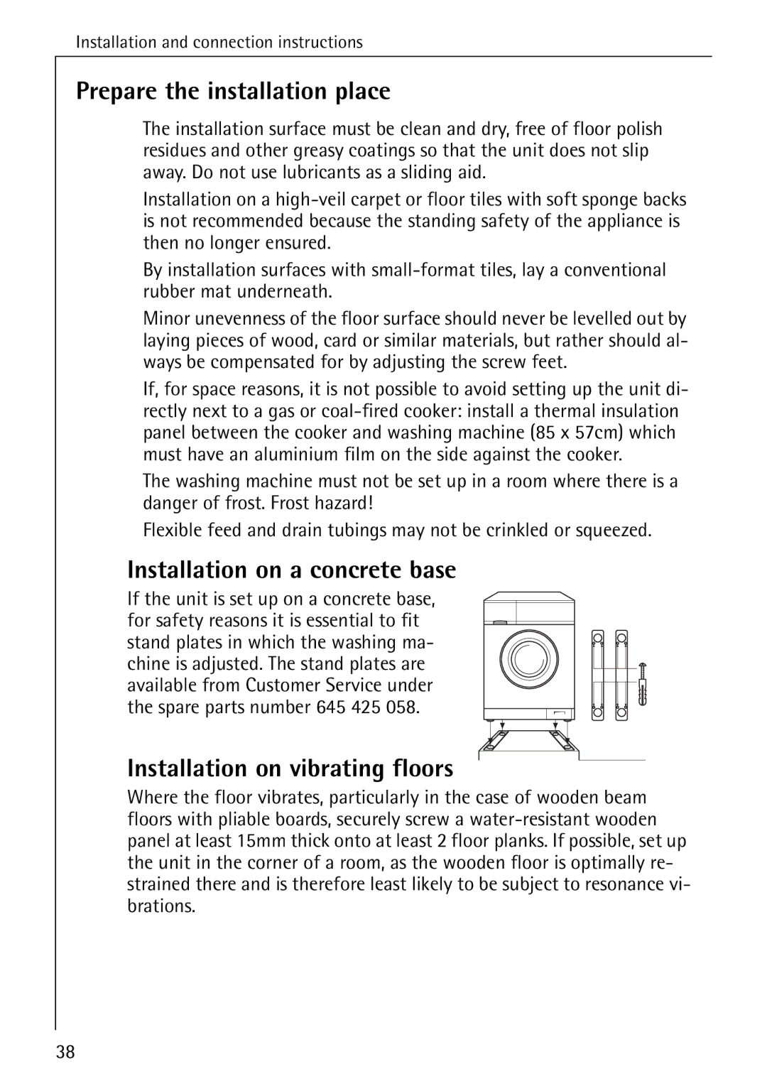 AEG W 730 manual Prepare the installation place, Installation on a concrete base, Installation on vibrating floors 