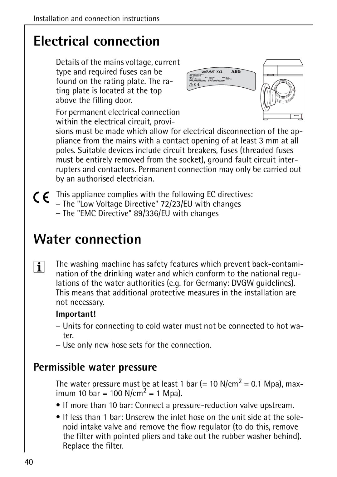 AEG W 730 manual Electrical connection, Water connection, Permissible water pressure 