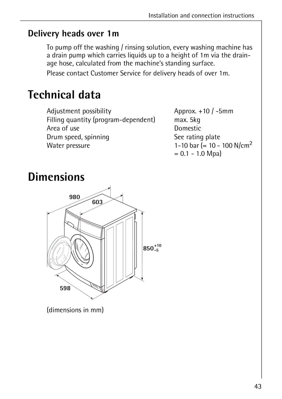 AEG W 730 manual Technical data, Dimensions, Delivery heads over 1m 