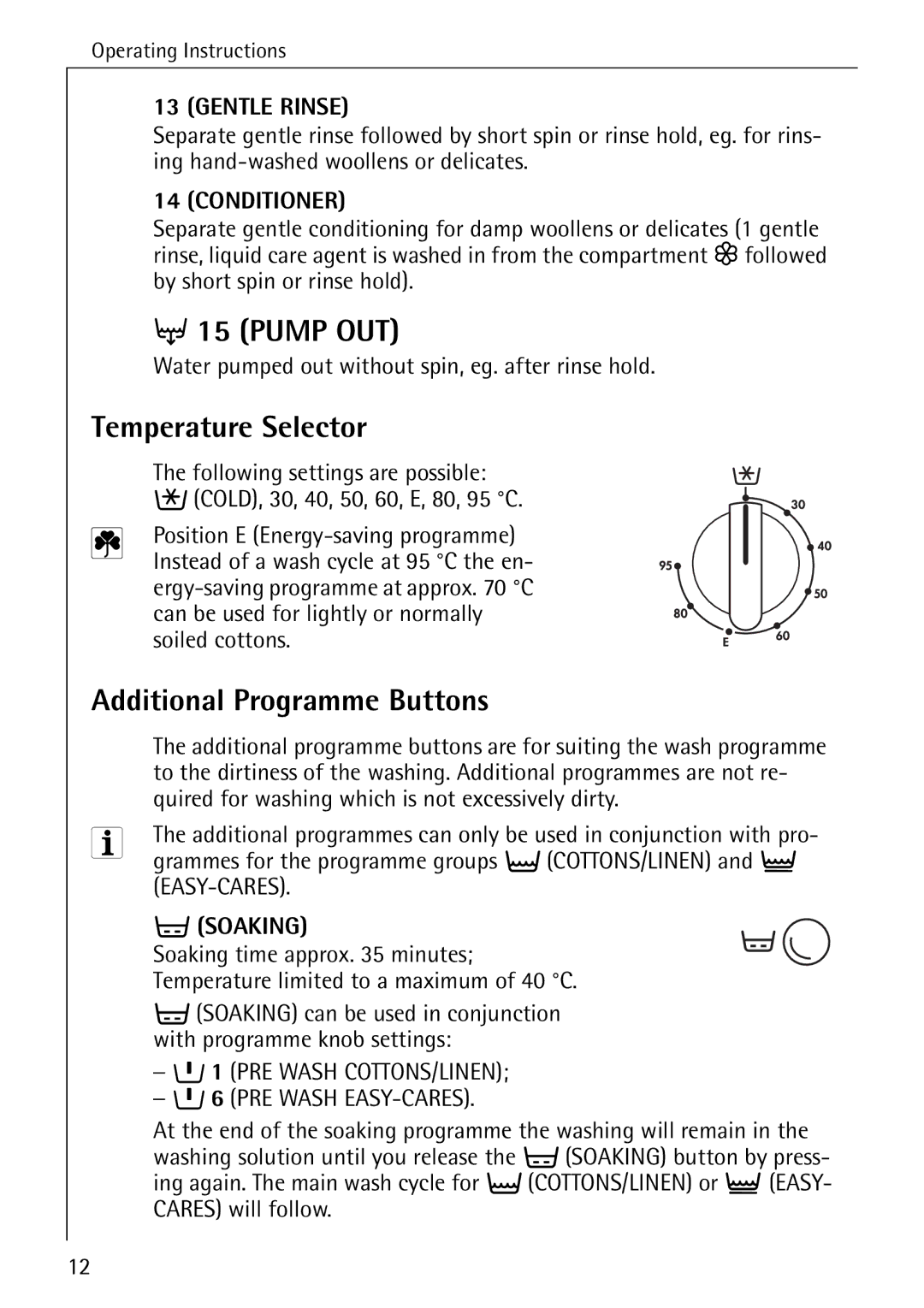 AEG W 808 manual Pump OUT, Temperature Selector, Additional Programme Buttons, Soaking 