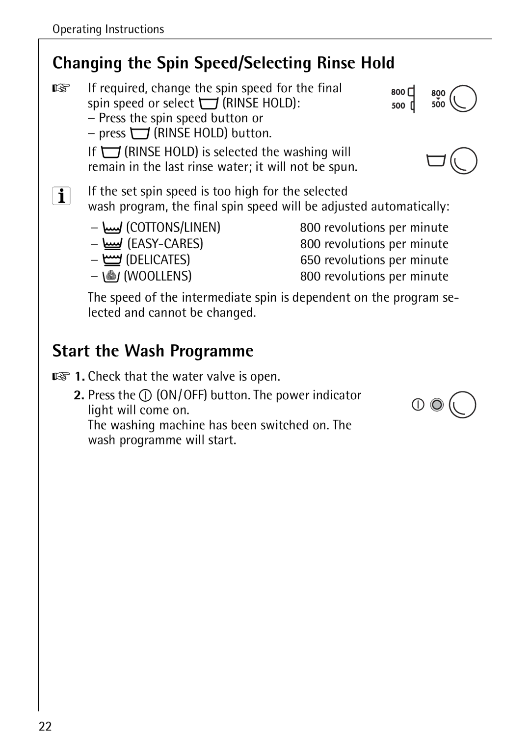 AEG W 808 manual Changing the Spin Speed/Selecting Rinse Hold, Start the Wash Programme 