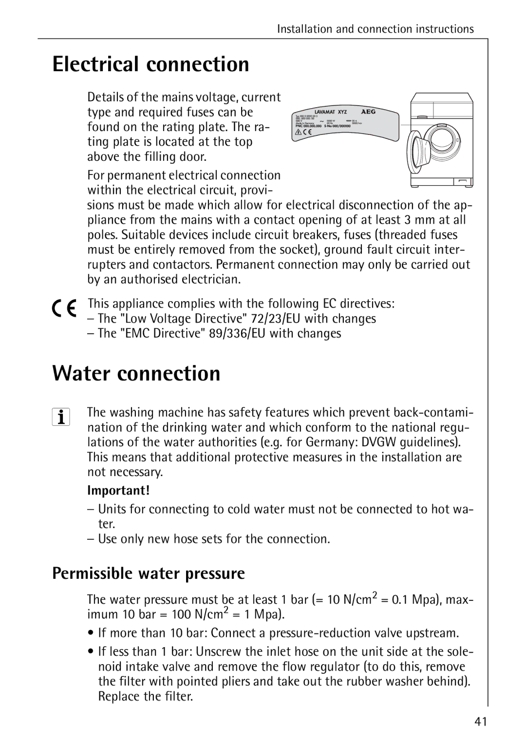 AEG W 808 manual Electrical connection, Water connection, Permissible water pressure 