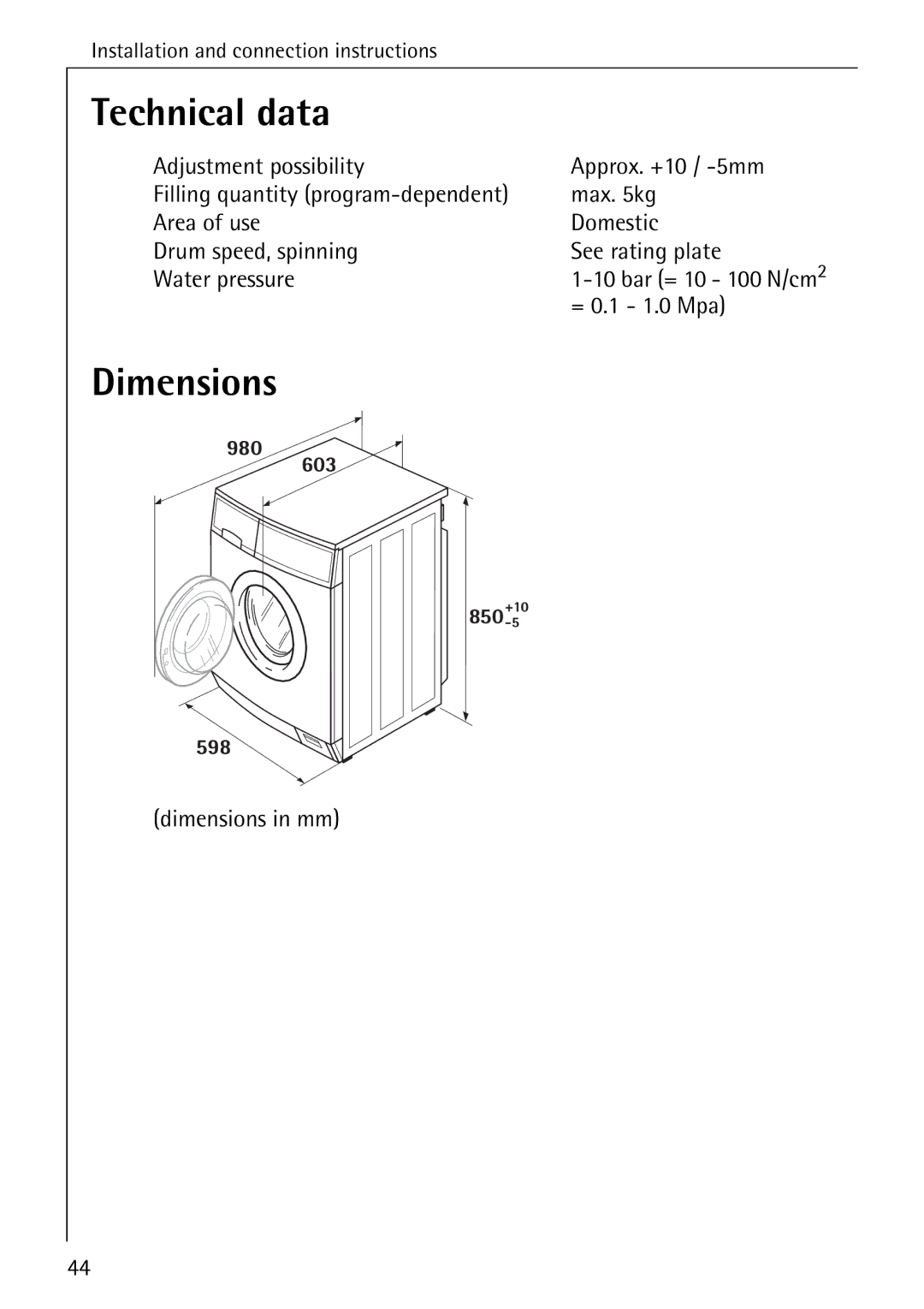 AEG W 808 manual Technical data, Dimensions 