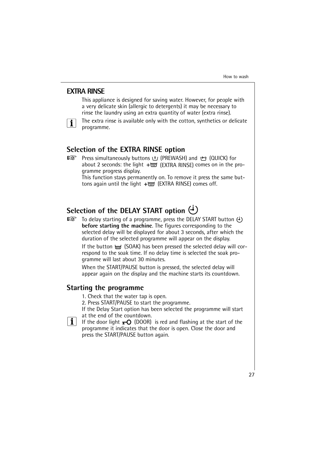 Aegis Micro 12820 manual Selection of the Extra Rinse option, Selection of the Delay Start option, Starting the programme 