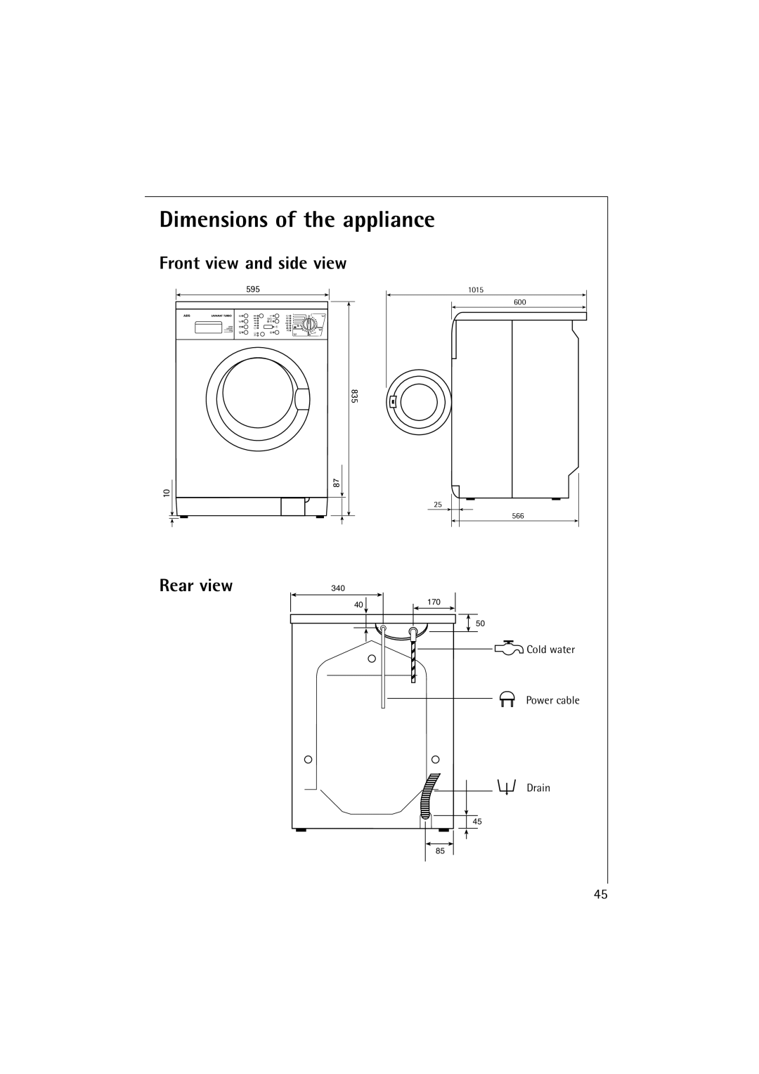 Aegis Micro 12820 manual Dimensions of the appliance, Front view and side view 