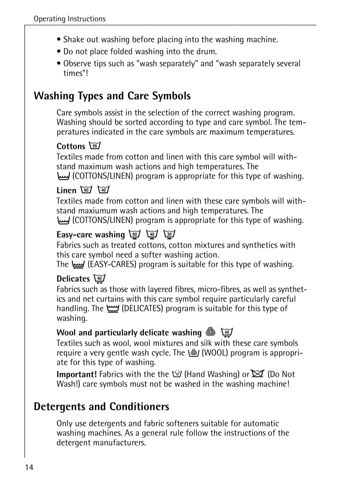 Aegis Micro 50420 manual Washing Types and Care Symbols, Detergents and Conditioners, Cottons ç 