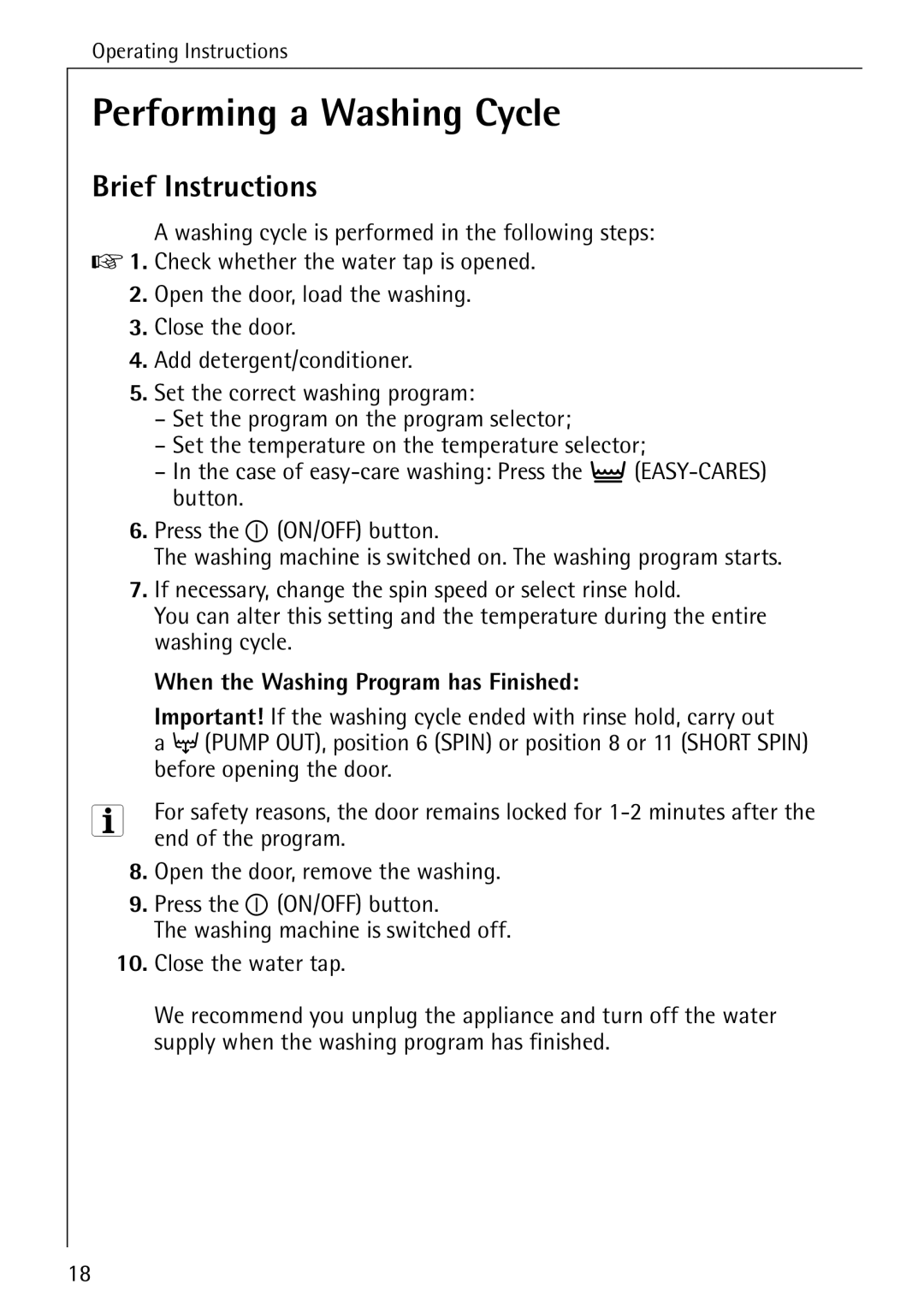 Aegis Micro 50420 manual Performing a Washing Cycle, Brief Instructions 