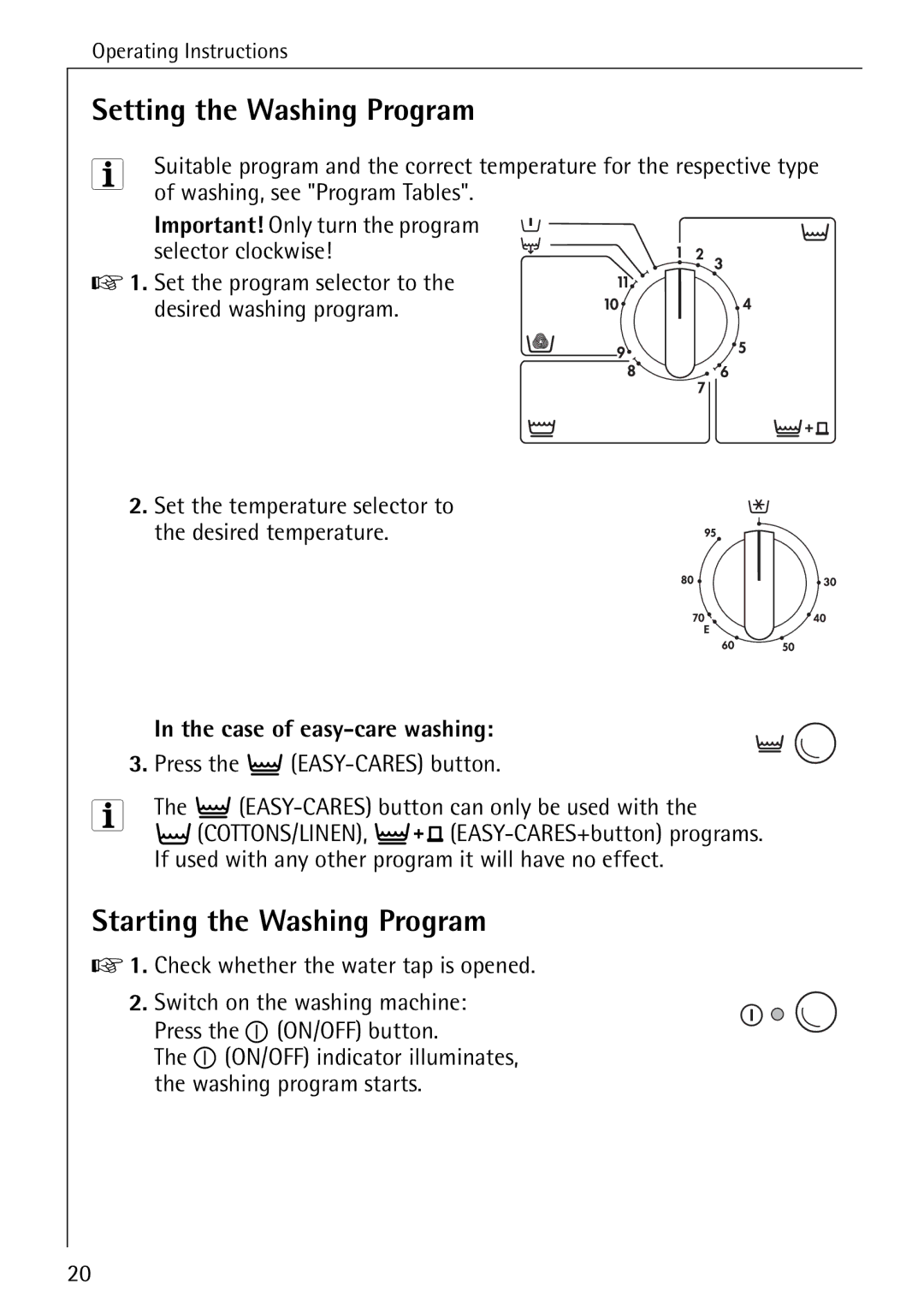 Aegis Micro 50420 manual Setting the Washing Program, Starting the Washing Program, Check whether the water tap is opened 