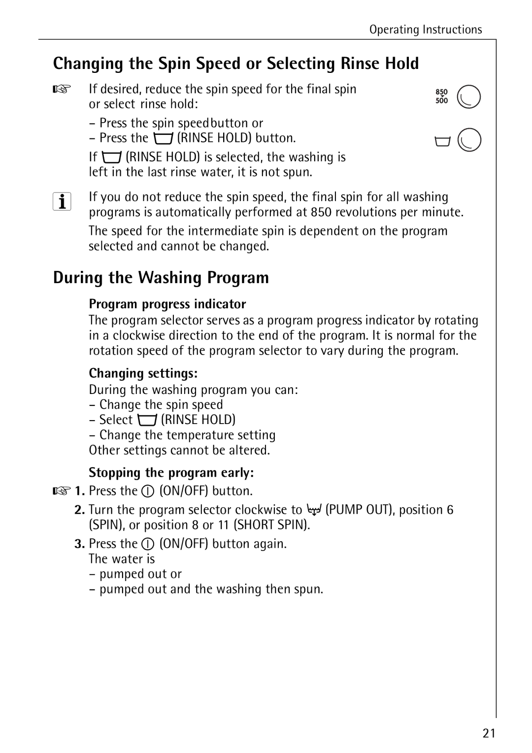 Aegis Micro 50420 Changing the Spin Speed or Selecting Rinse Hold, During the Washing Program, Program progress indicator 