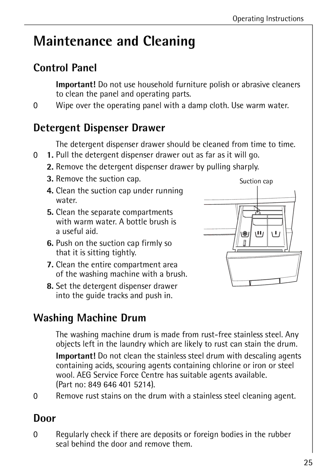 Aegis Micro 50420 manual Maintenance and Cleaning, Washing Machine Drum, Door, Clean the suction cap under running Water 