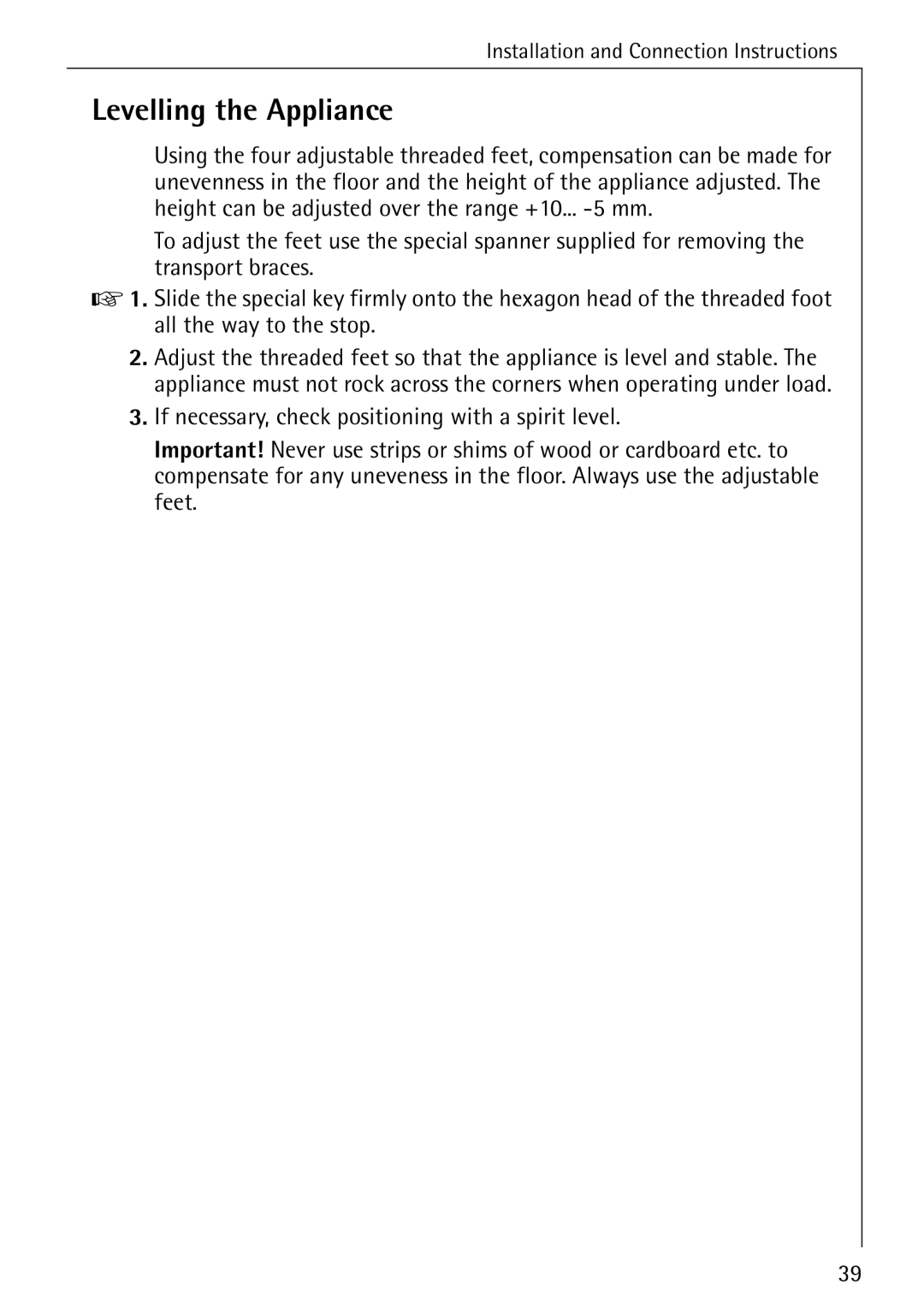 Aegis Micro 50420 manual Levelling the Appliance 