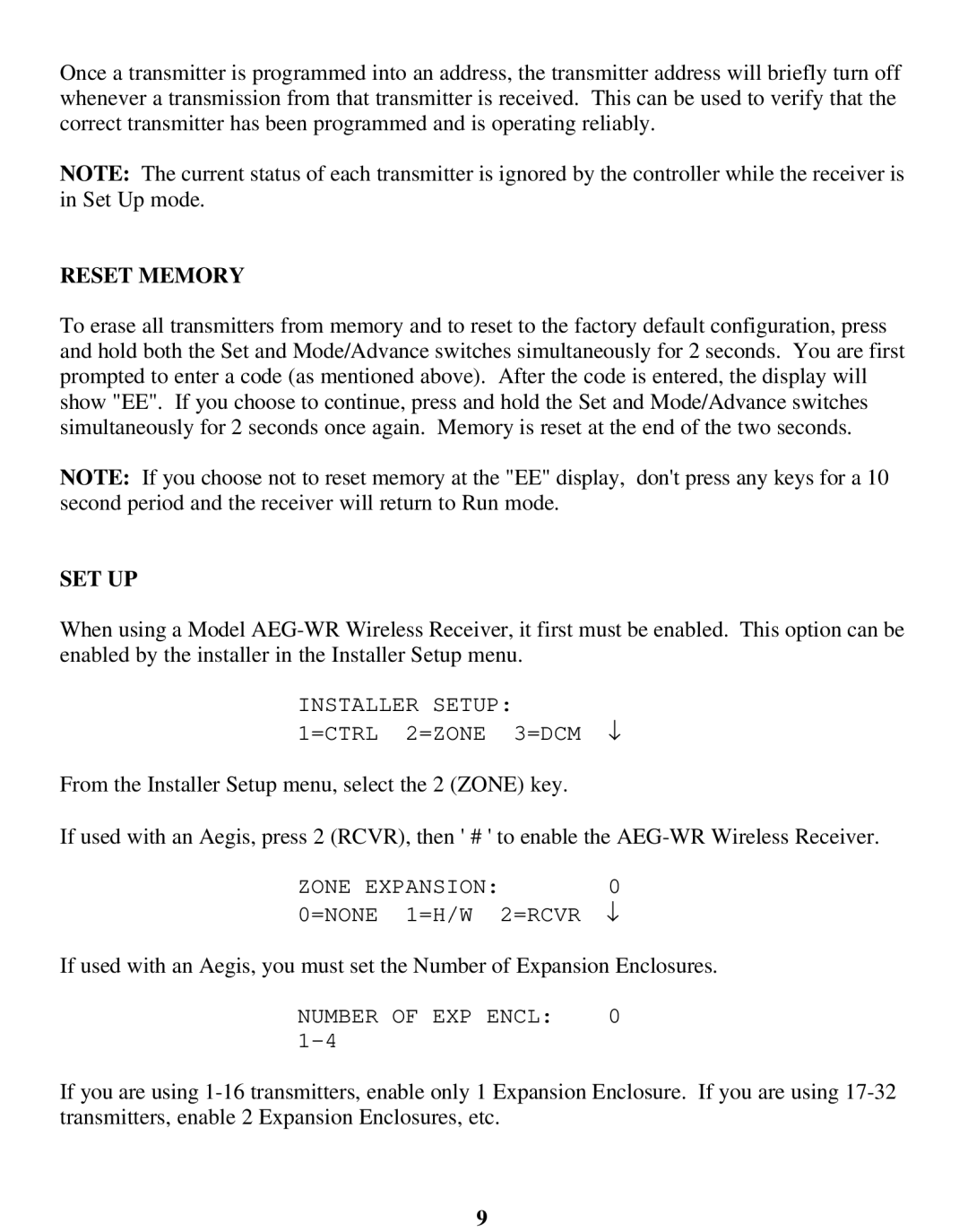 Aegis Micro AEG-WR installation manual Reset Memory, Set Up 