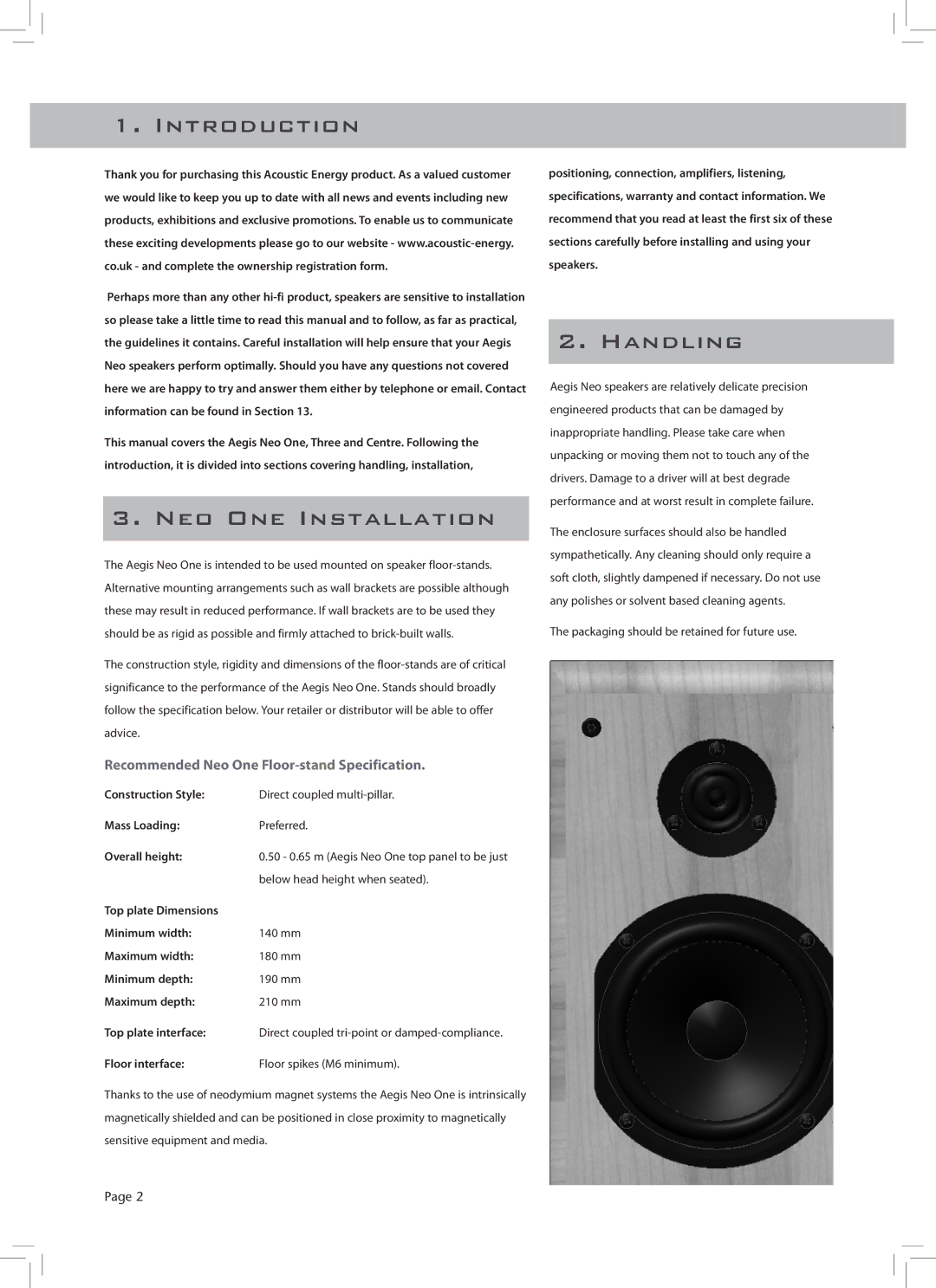 Aegis Micro AegisNeo Series Introduction, NEO ONE Installation, Handling, Recommended Neo One Floor-stand Specification 