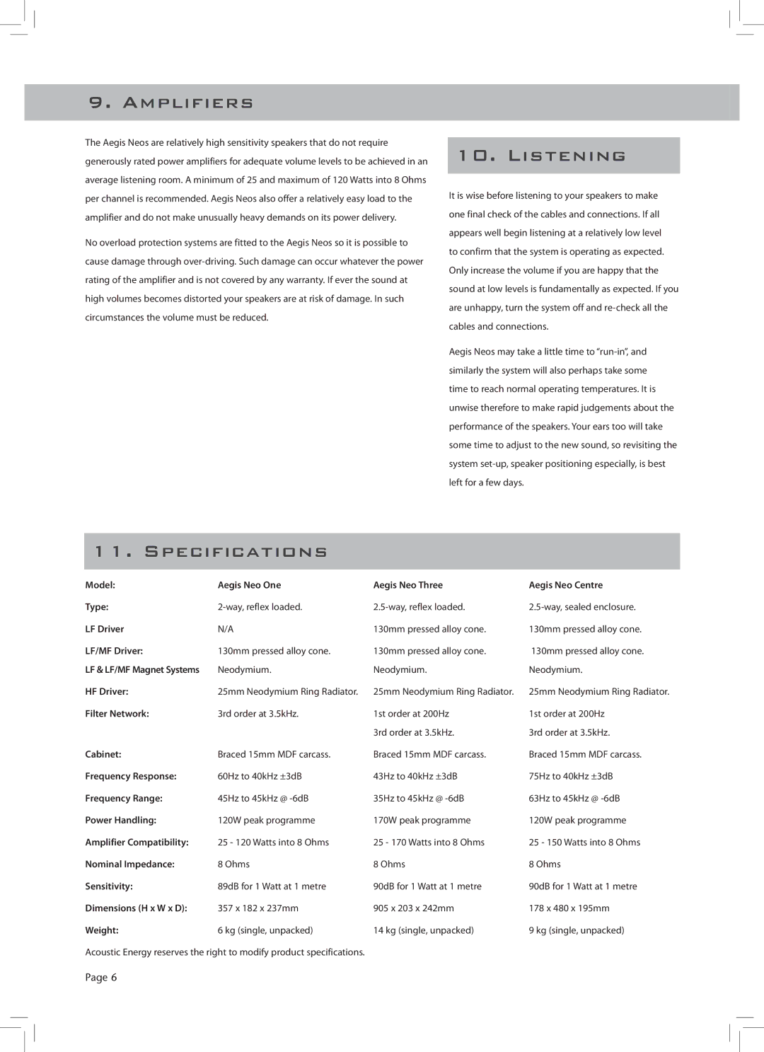 Aegis Micro AegisNeo Series owner manual Amplifiers, Listening, Specifications 