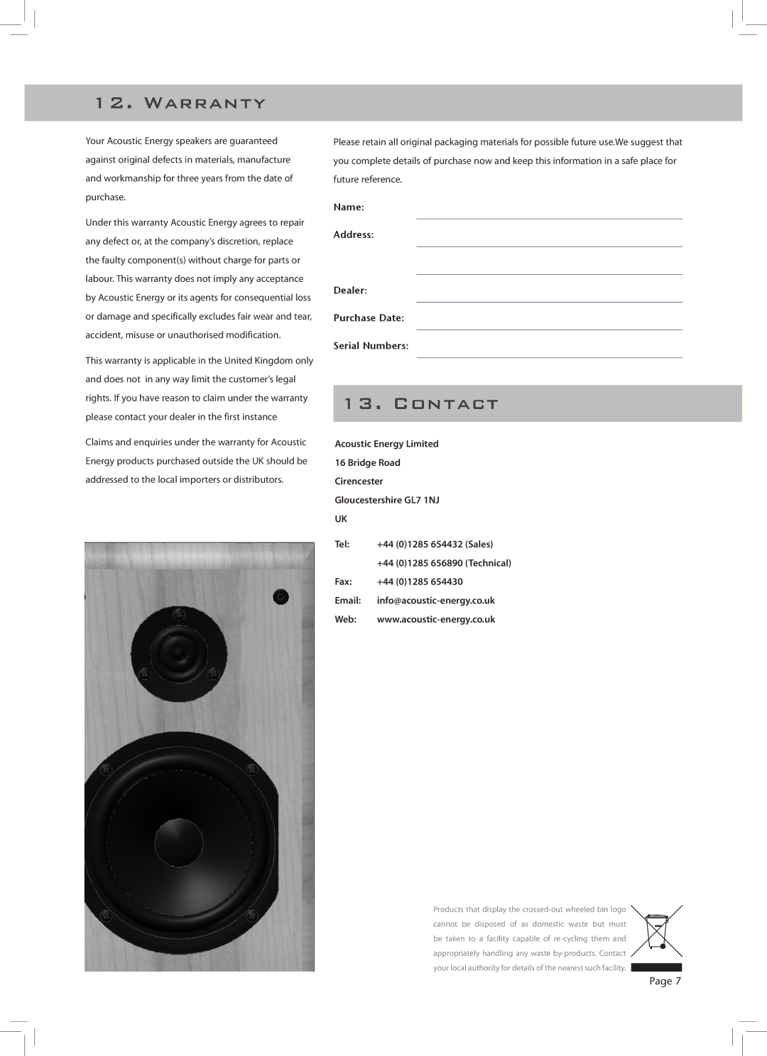 Aegis Micro AegisNeo Series owner manual Warranty, Contact, Fax +44 01285, Web 