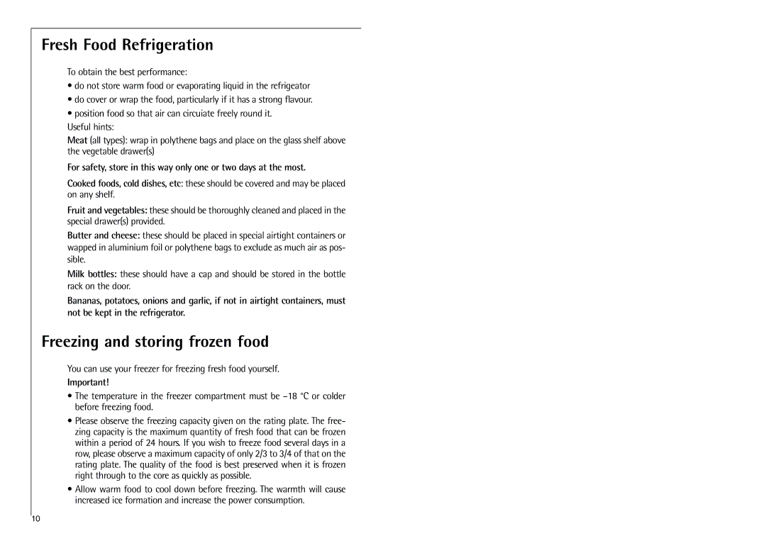 Aegis Micro C 8 16 41-4i installation instructions Fresh Food Refrigeration, Freezing and storing frozen food 