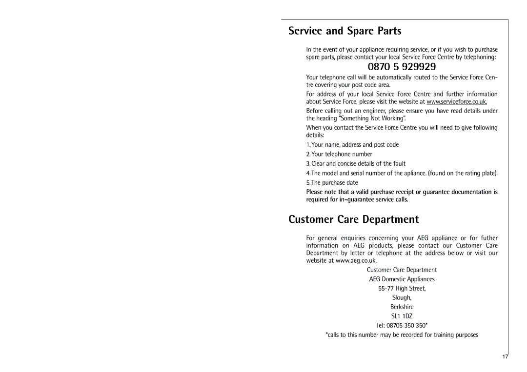 Aegis Micro C 8 16 41-4i installation instructions Service and Spare Parts, 0870 5, Customer Care Department, Purchase date 