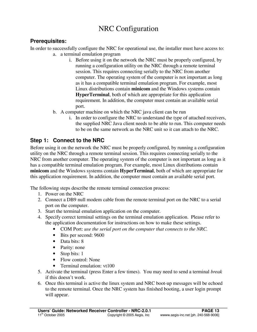 Aegis Micro NRC 2.0.1 manual NRC Configuration, Prerequisites, Connect to the NRC 