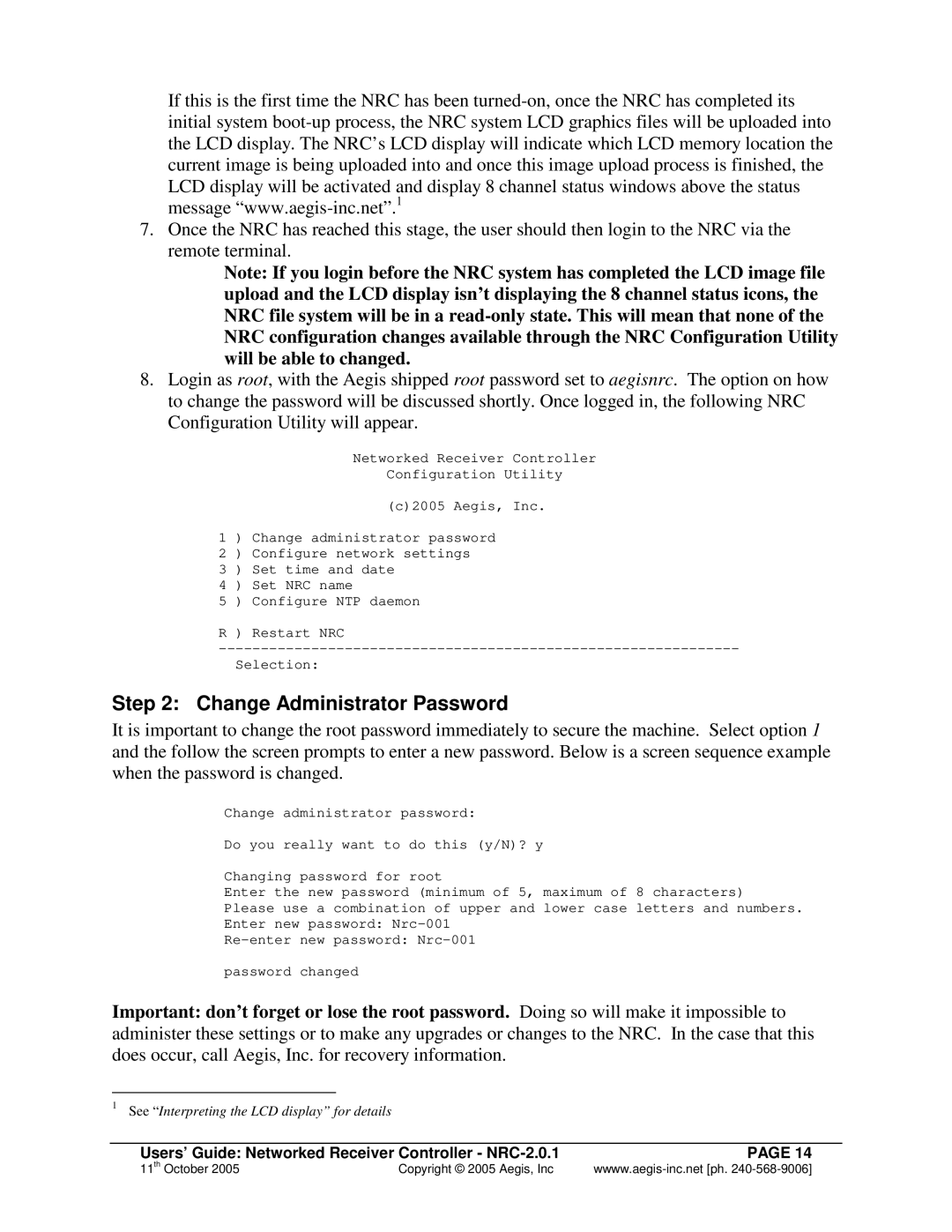 Aegis Micro NRC 2.0.1 manual Change Administrator Password 