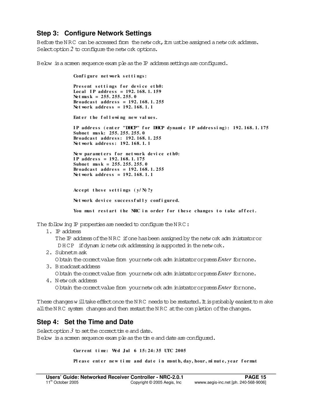 Aegis Micro NRC 2.0.1 manual Configure Network Settings, Set the Time and Date 