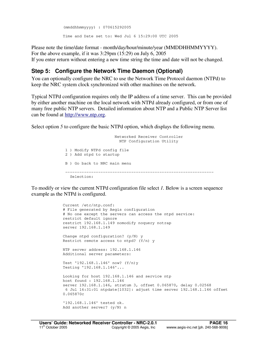 Aegis Micro NRC 2.0.1 manual Configure the Network Time Daemon Optional 