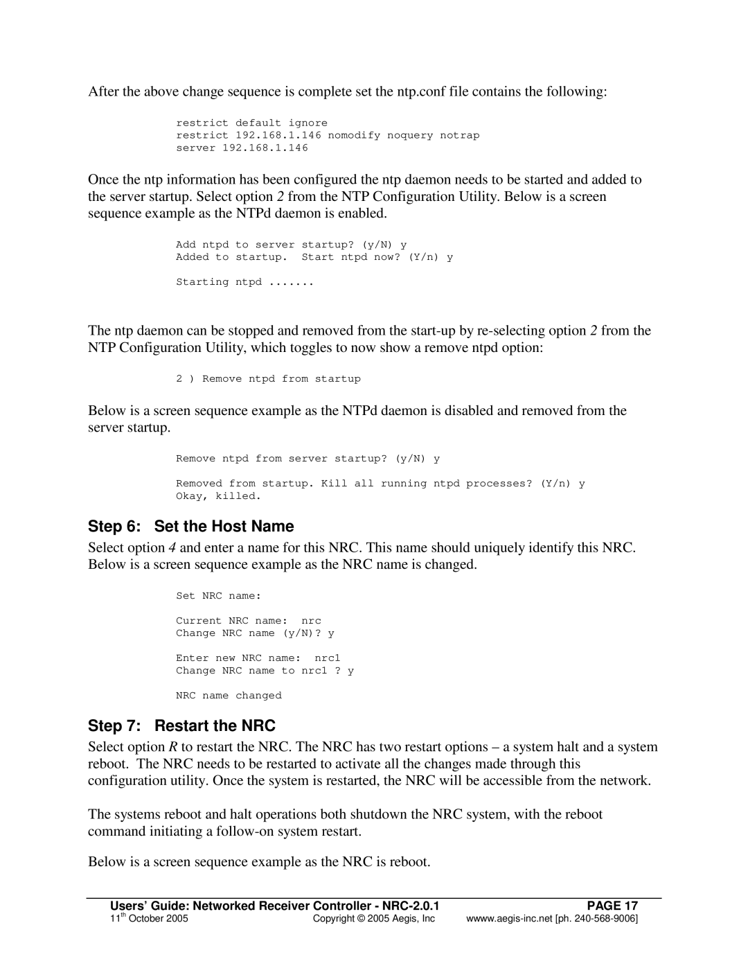 Aegis Micro NRC 2.0.1 manual Set the Host Name, Restart the NRC 