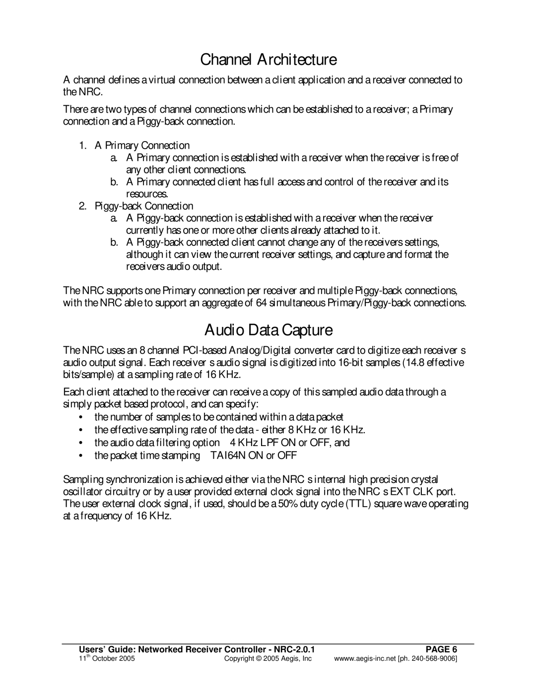 Aegis Micro NRC 2.0.1 manual Channel Architecture, Audio Data Capture 