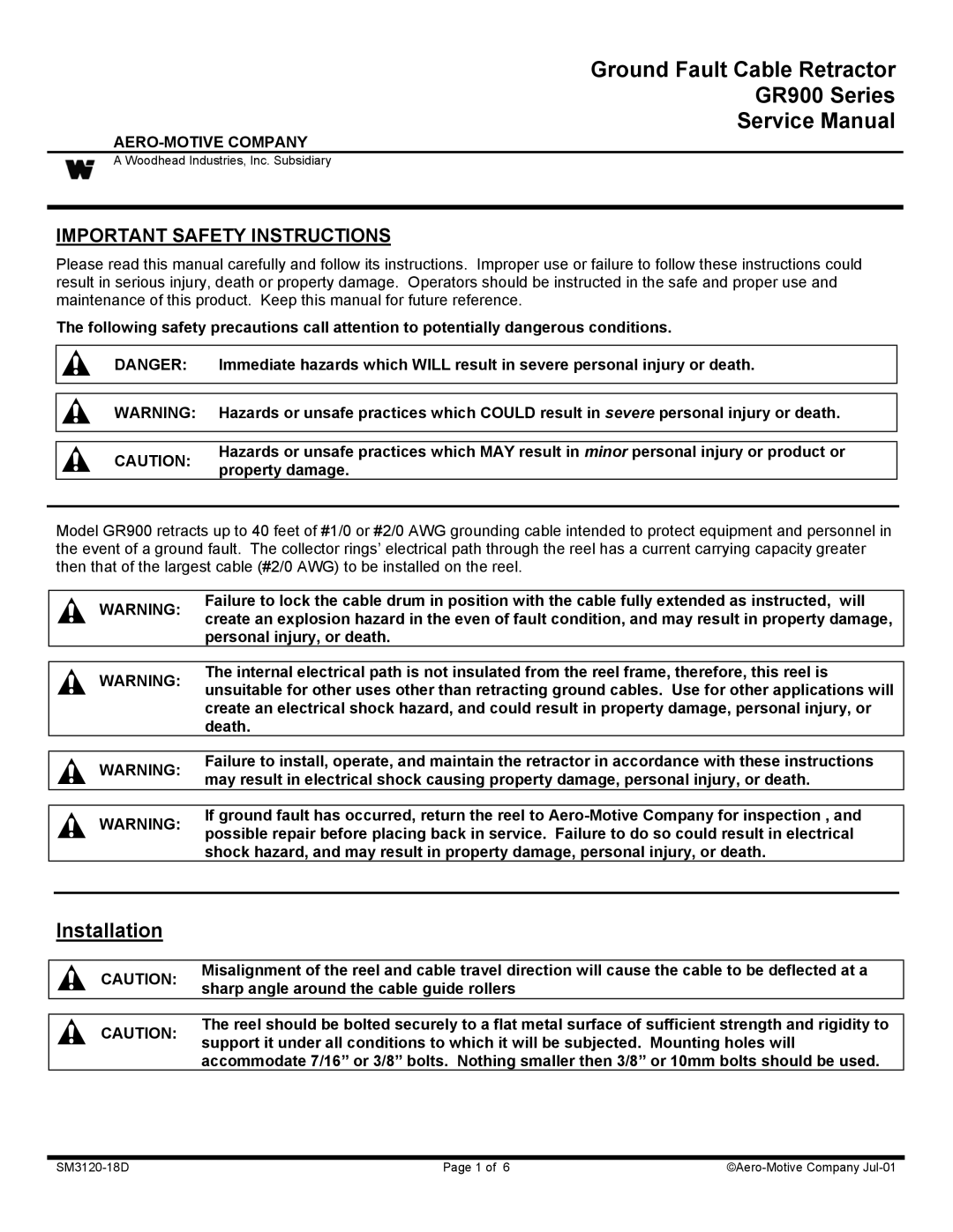 Aero Housewares GR900 Series manual Important Safety Instructions, AERO-MOTIVE Company 