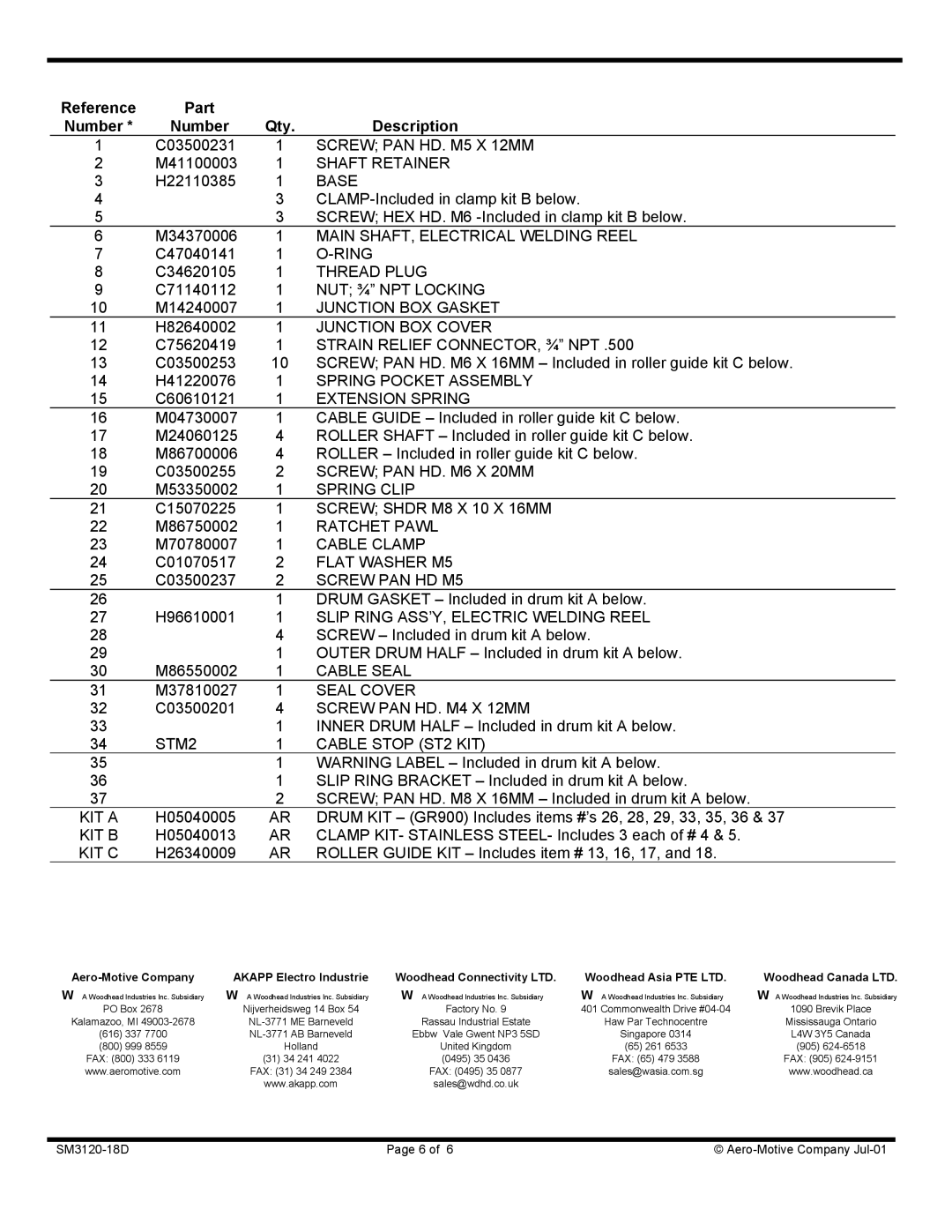 Aero Housewares GR900 Series manual Reference Part Number Qty Description 