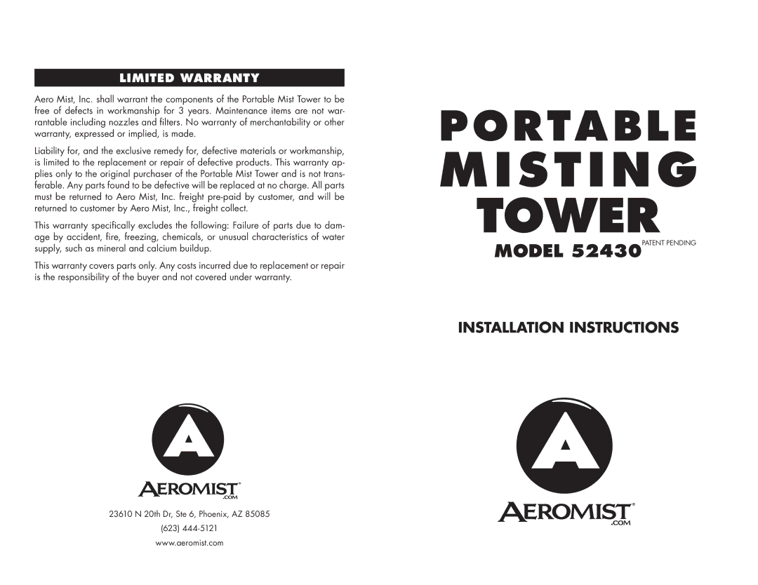 Aero Mist 52430 installation instructions Misting Tower, Installation Instructions, Limited Warranty 