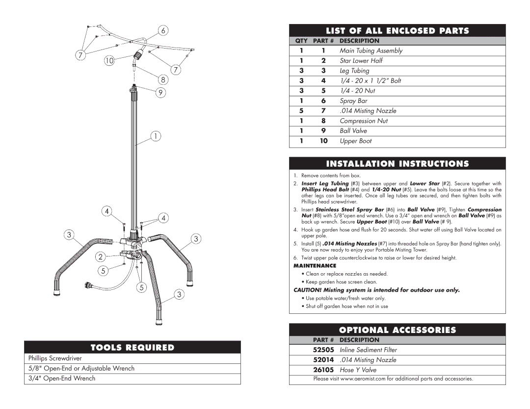 Aero Mist 52430 Tools Required, List of All Enclosed Parts, Installation Instructions, Optional Accessories, Maintenance 