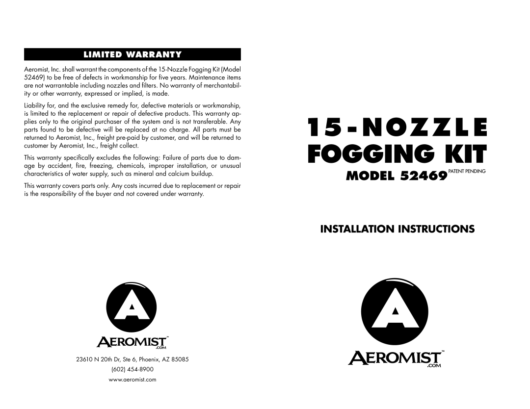 Aero Mist 52469 installation instructions Installation Instructions, Limited Warranty 