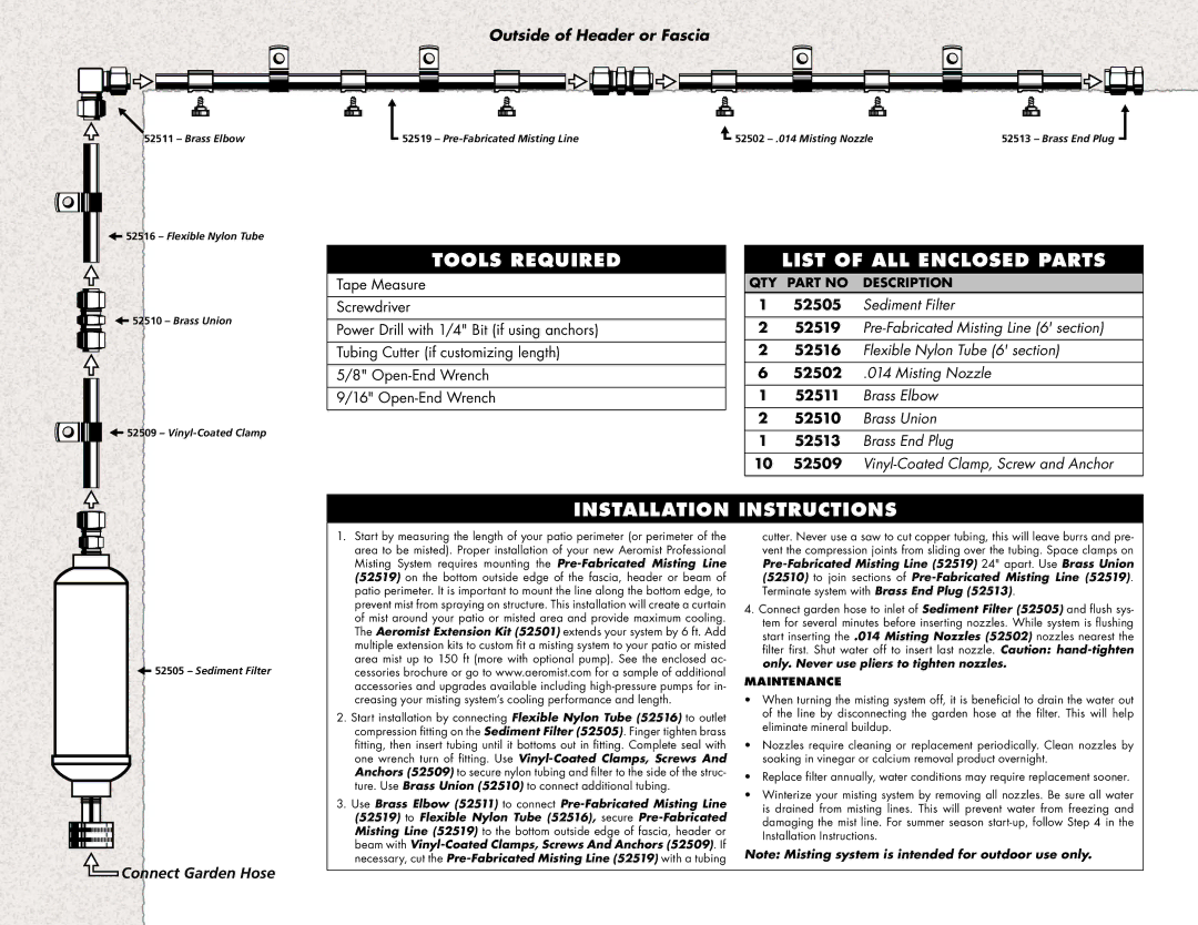 Aero Mist 52500 installation instructions Tools Required List of ALL Enclosed Parts, Installation Instructions, Maintenance 