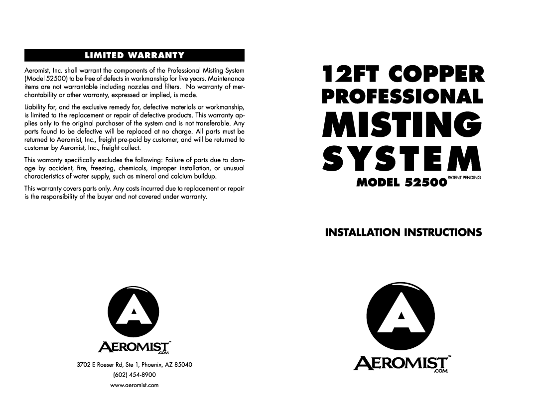 Aero Mist 52500 installation instructions Limited Warranty, Installation Instructions 