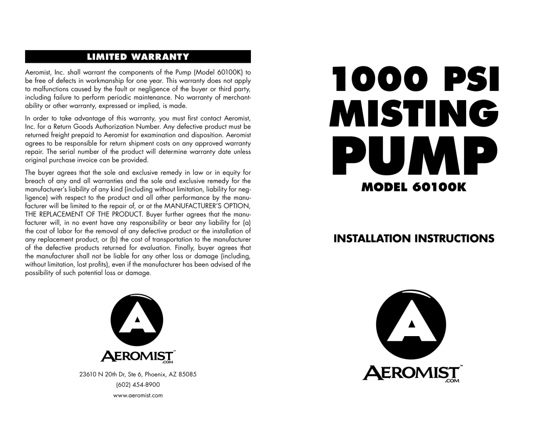 Aero Mist 60100K installation instructions Installation Instructions, Limited Warranty 