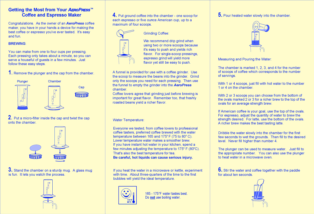 Aerobie AEROPRESS Coffee and Espresso Maker manual Brewing, Be careful, hot liquids can cause serious injury 