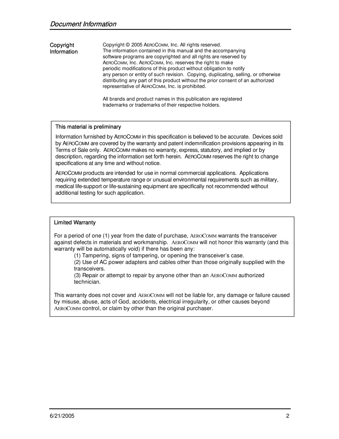 AeroComm CL4424 user manual Document Information, This material is preliminary, Limited Warranty 