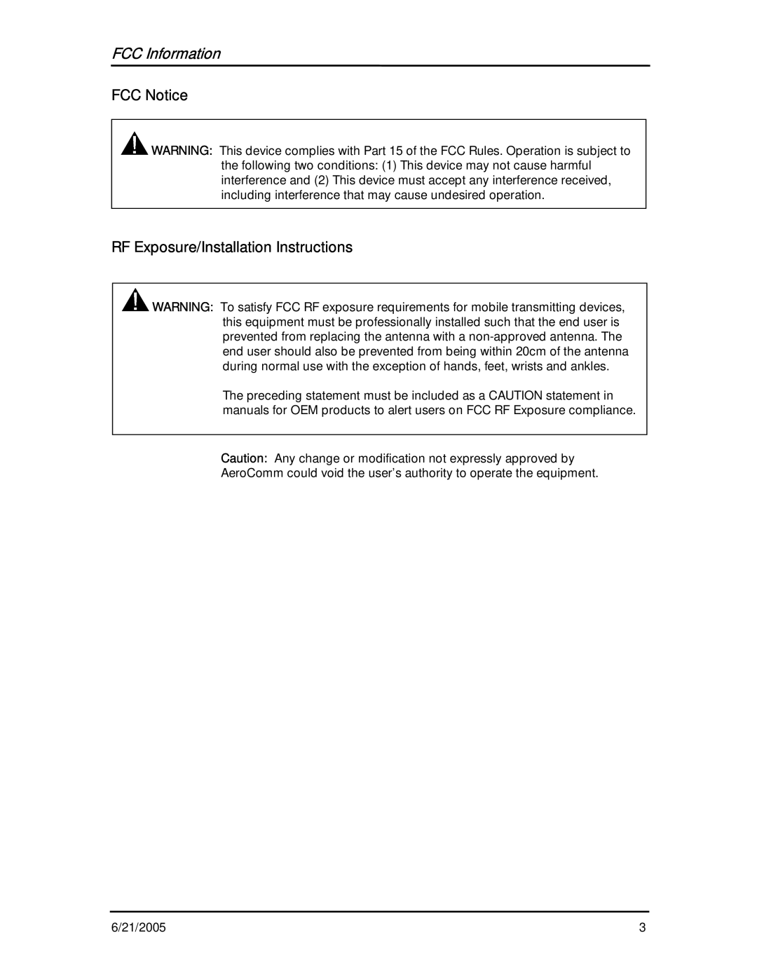 AeroComm CL4424 user manual FCC Information, FCC Notice RF Exposure/Installation Instructions 